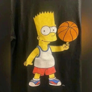 Bart Simpson short sleeve felt appliqué with him spinning basketball. Mens Med